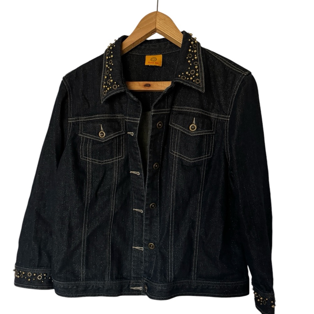 Ruby RD. Womens Denim Jean Jacket Beaded Collar Long Sleeves Dark Wash
